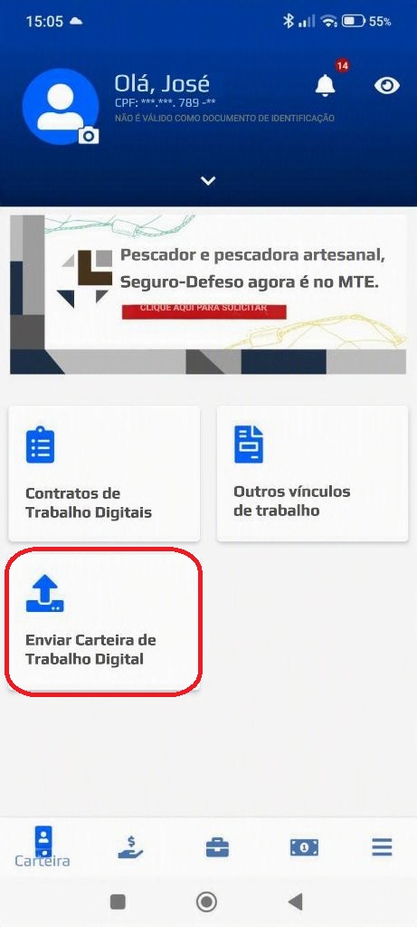 Tela inicial do app com o botao Enviar Carteira de Trabalho Digital destacado.