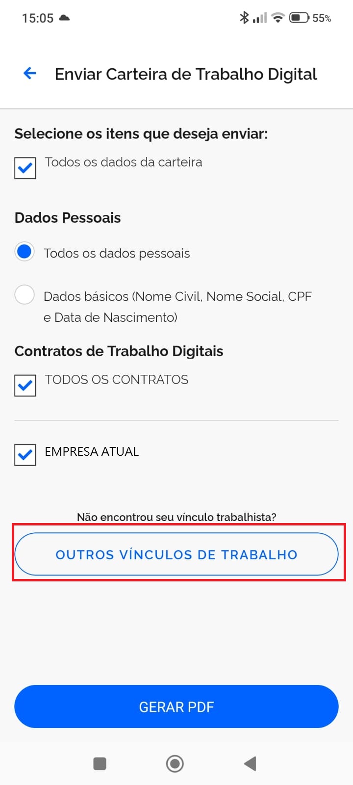 Tela de envio da carteira com o botao Outros Vinculos de Trabalho destacado.