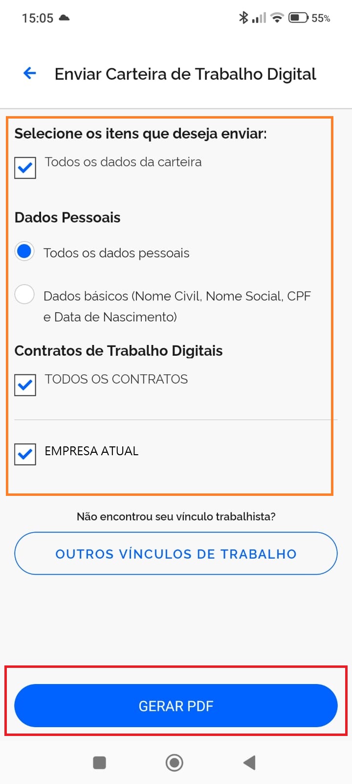 Tela de envio com os dados e contratos digitais destacados e o botao Gerar PDF marcado.
