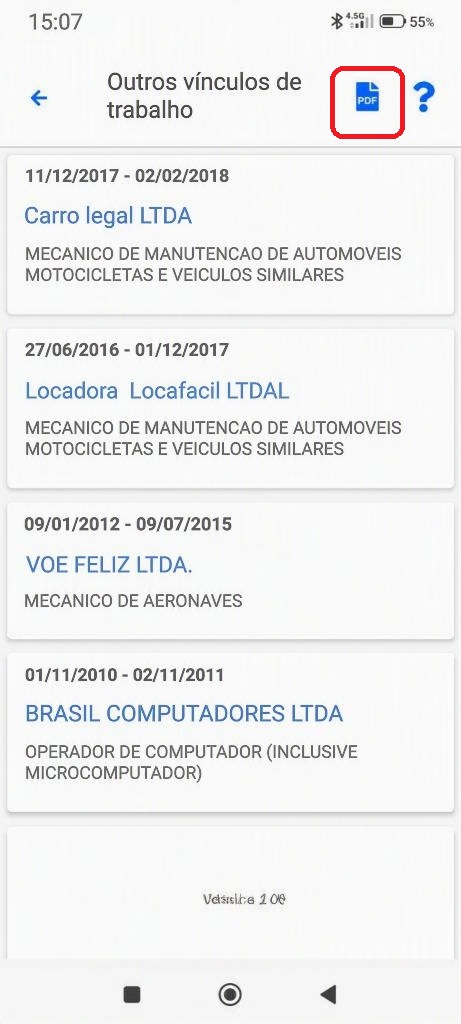 Tela Outros vinculos de trabalho com o icone PDF destacado no topo.